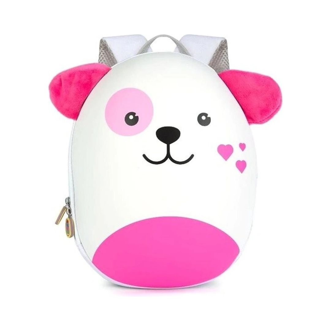 A white and pink plush dog-shaped backpack with a cute cartoon face, pink ears, and pink heart details on a white background.