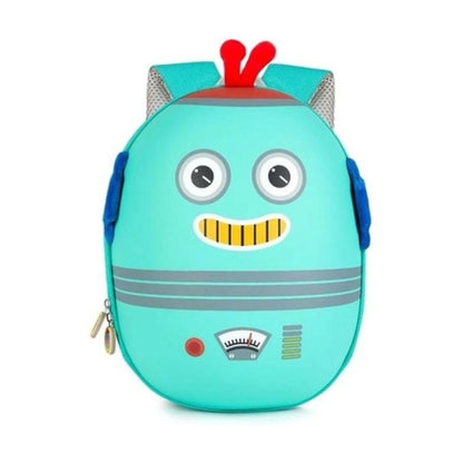A bright turquoise robot-shaped backpack with a smiling face, red antennae, gray stripes, and blue side handles on a plain white background.