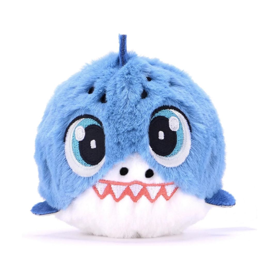 A blue and white plush shark toy with large cartoon eyes, red stitched teeth, and a small blue loop on top, photographed on a clean white background.