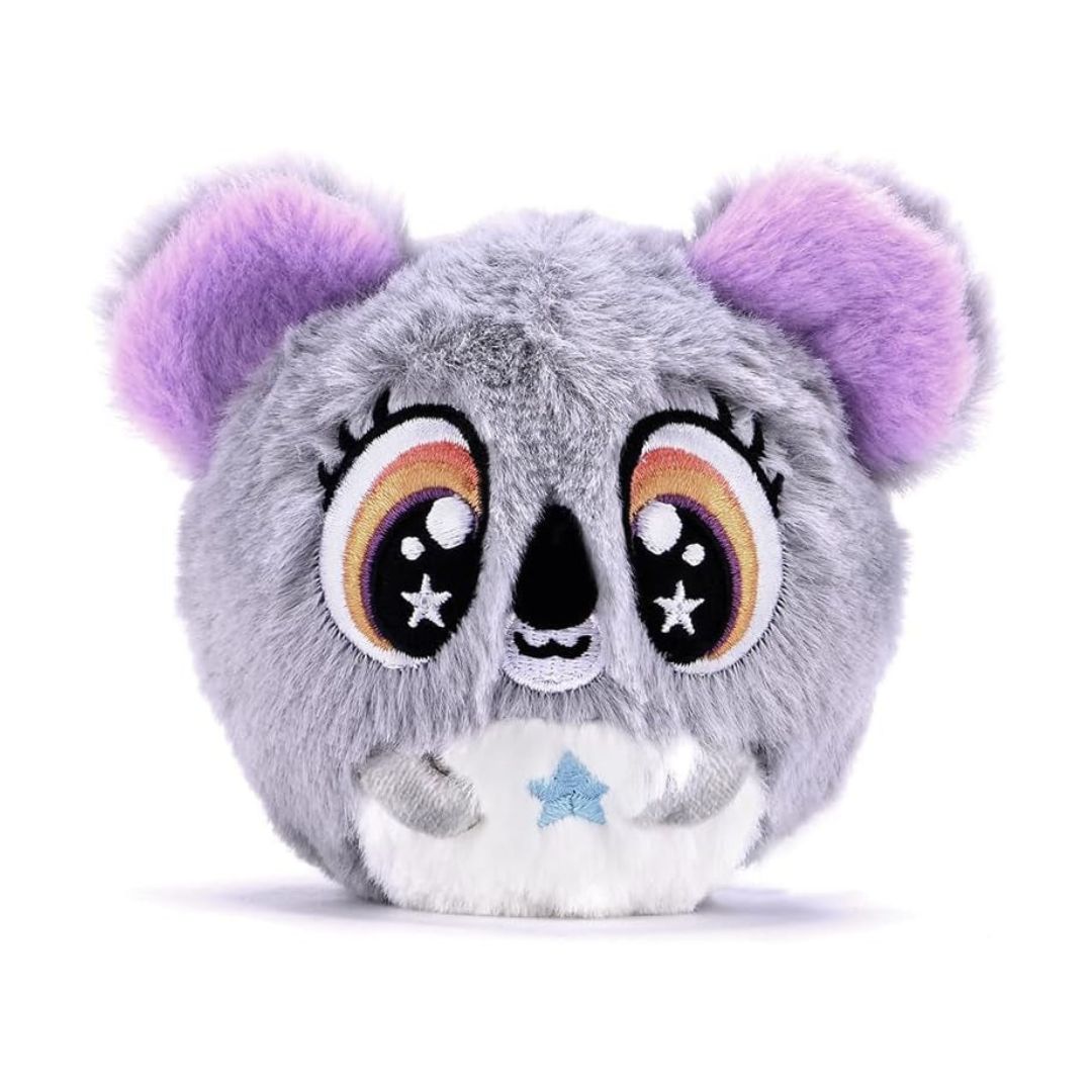 A round, plush koala toy with a gray body, purple ears, and large embroidered eyes with rainbow accents, shown on a white background.