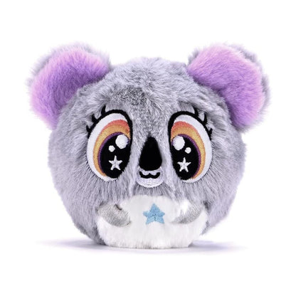 A round, plush koala toy with a gray body, purple ears, and large embroidered eyes with rainbow accents, shown on a white background.