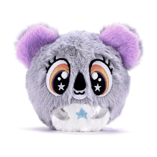A round, plush koala toy with a gray body, purple ears, and large embroidered eyes with rainbow accents, shown on a white background.