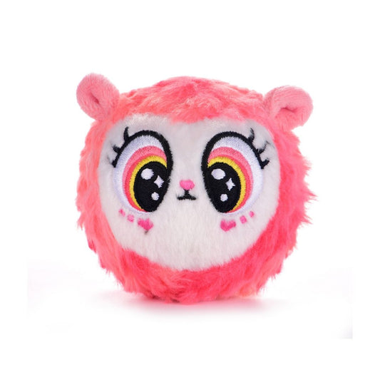 A round, fluffy pink plush toy with a white face, large cartoon eyes with pink, yellow, and black details, and small pink ears on a white background.