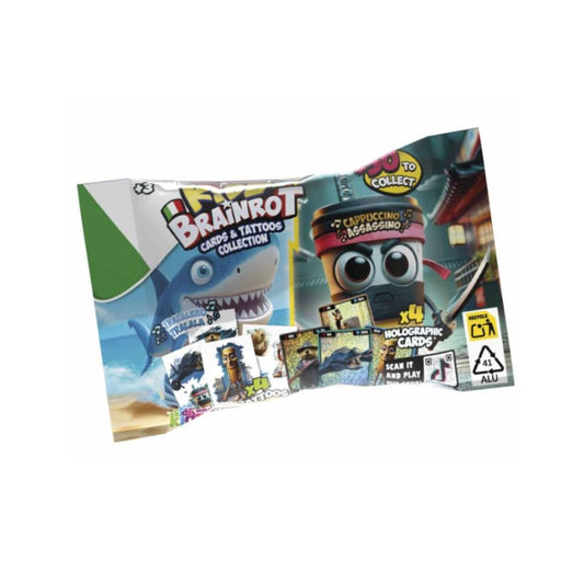 Brainrot Cards & Tattoos Collection To Collect Holographic Cards mini pack, featuring colorful cartoon graphics of a shark and a pirate character on a white background.