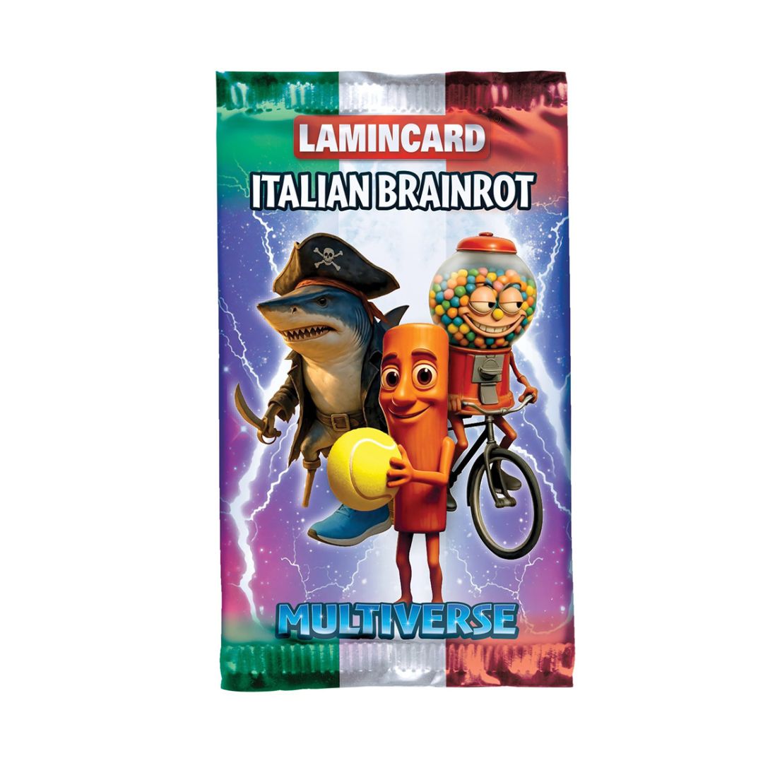 A single laminated trading card pack featuring colorful cartoon artwork with the text 'LAMINCARD', 'ITALIAN BRAINROT', and 'MULTIVERSE'. The pack has an Italian flag color scheme at the top and illustrated characters including a shark in a pirate hat, an orange character holding a yellow ball, and a gumball machine on a bicycle.