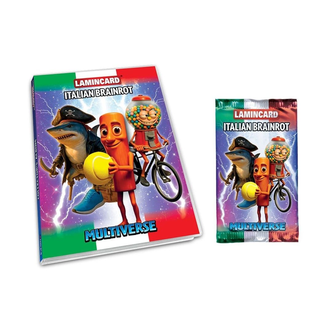 A laminated card set titled 'Italian Brainrot' shown as a thick book and a smaller matching packet on a plain white background. The cover art features cartoon characters including a shark in a pirate hat, a red hot dog on a bicycle, and a gumball machine character, with 'Multiverse' printed at the bottom.