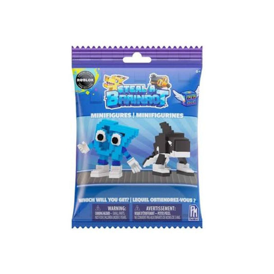 A sealed Roblox Steela Bravros minifigure mystery pack on a plain white background. The blue and purple packaging shows the Roblox logo, the Steela Bravros title, and two blocky minifigures on the front.
