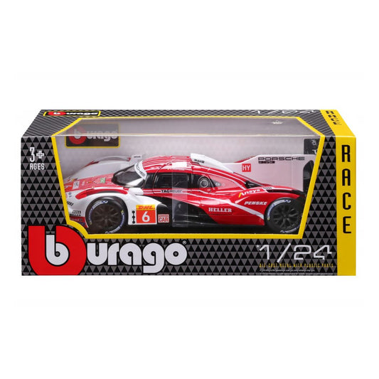 A 1/24 scale model car of a Porsche 911 R race car, shown inside its original Burago Racing display box. The car is red, white, and black with sponsor decals like Hennessey and Nismo.