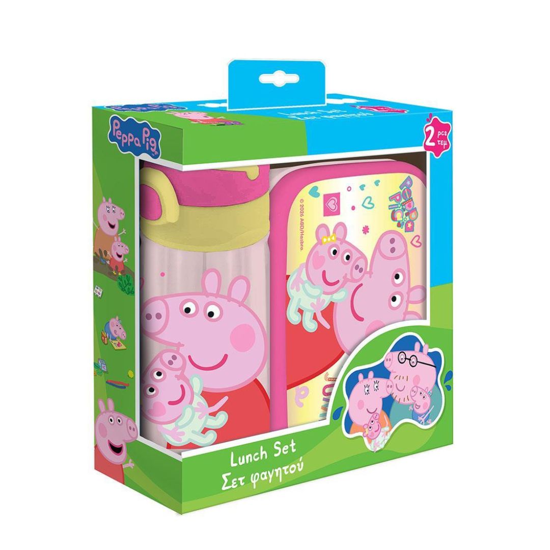 Peppa Pig lunch set in its original retail packaging, featuring a pink and yellow water bottle and a matching lunchbox with character illustrations.