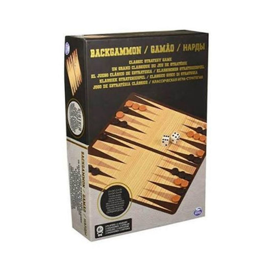 Boxed backgammon game shown at a slight angle, with the front and side panels visible. The packaging features a wooden backgammon board and dice printed on the box, with the title 'BACKGAMMON / ТЛОКНА' in gold text on a dark background.