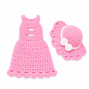 LeArts Crochet Doll Outfit & Matching Hat Set-(Candy Pink)