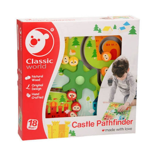 Classic World Castle Pathfinder wooden toy set in its original retail packaging, featuring a colorful wooden castle pathfinding board visible through a clear window, with a child playing with the toy pictured on the box.