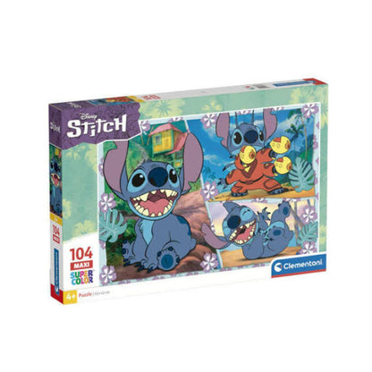 Clementoni Disney Stitch 104-piece jigsaw puzzle box, featuring colorful cartoon artwork of Stitch and Angel on a white background.