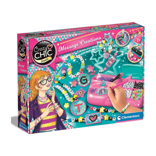 Crazy Chic Jewels Message Creations craft kit box by Clementoni, featuring a colorful design with illustrations of a girl and a hand making beaded jewelry.