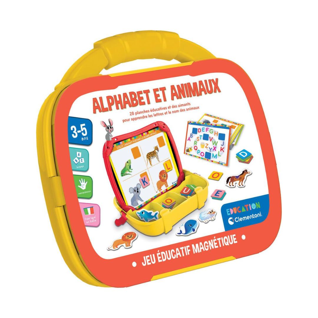 Clementoni 'Alphabet et Animaux' French magnetic learning toy set in a yellow hard plastic carrying case with a red-orange border, shown on a white background.
