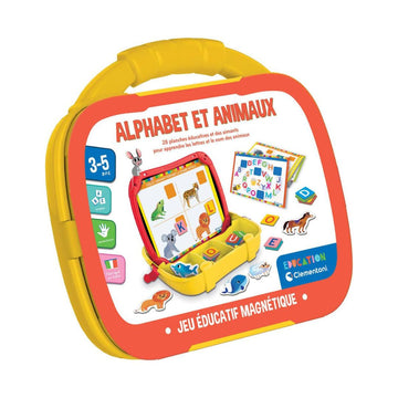 Clementoni 'Alphabet et Animaux' French magnetic learning toy set in a yellow hard plastic carrying case with a red-orange border, shown on a white background.