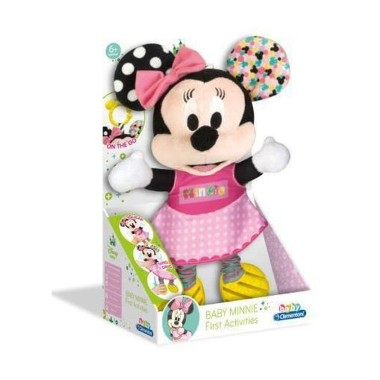 Baby Minnie Mouse first activities toy in its original retail packaging, featuring a plush character with a pink bow, polka-dot ears, and a pink dress.