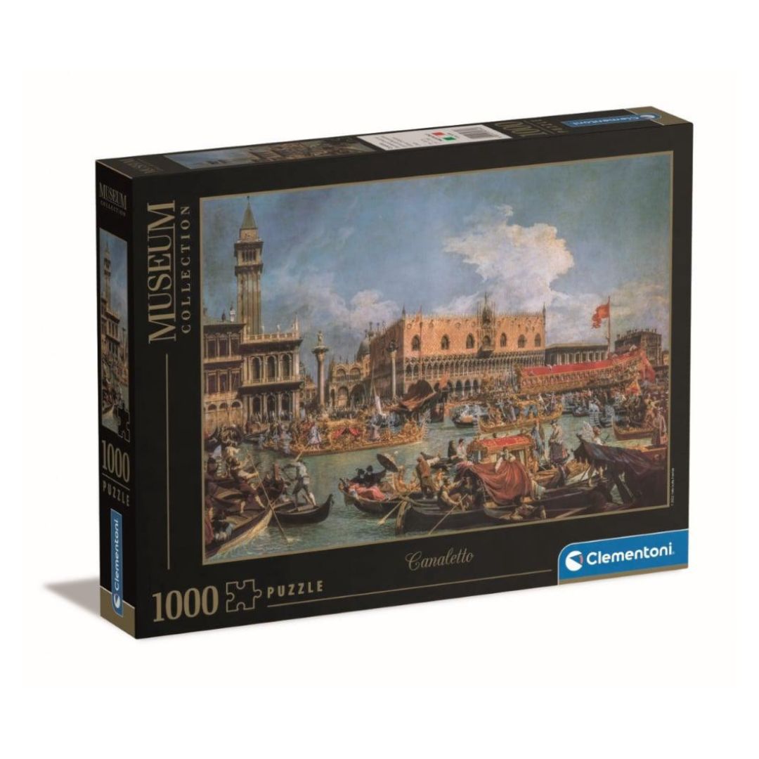 Clementoni 1000-piece jigsaw puzzle box featuring a classical painting of a Venice canal scene with gondolas, historic buildings, and a busy waterfront crowd.
