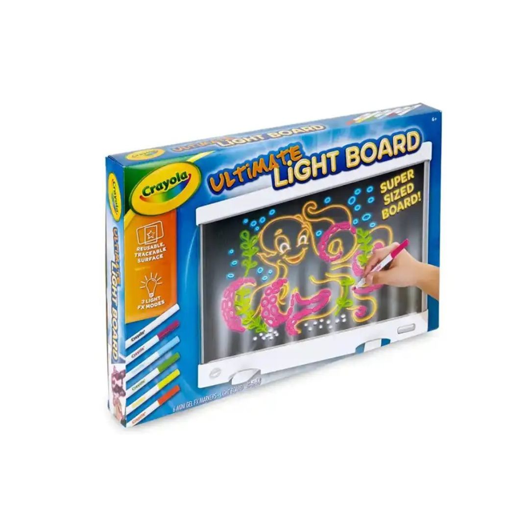 Crayola Ultimate Light Board toy set in its retail packaging, featuring a blue box with a clear window showing a glowing octopus drawing on the board, alongside crayon accessories.