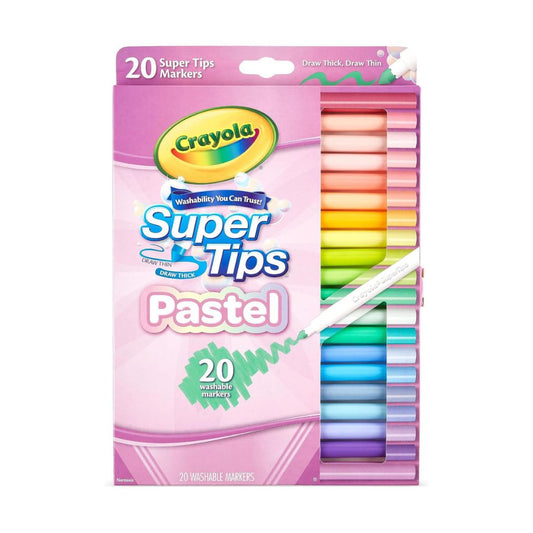 Crayola Super Tips Pastel markers in a pink 20-pack box, showing a row of colorful markers on the right side.