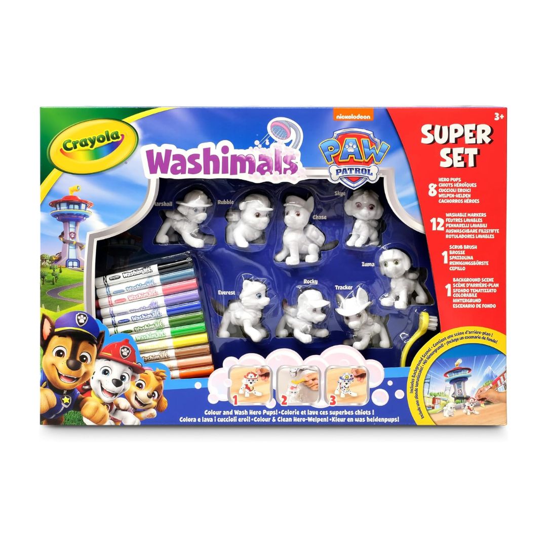 Crayola Paw Patrol Washimals Super Set coloring kit in retail packaging, featuring 8 uncolored animal figures, 12 coloring markers, and activity panels on a white background.