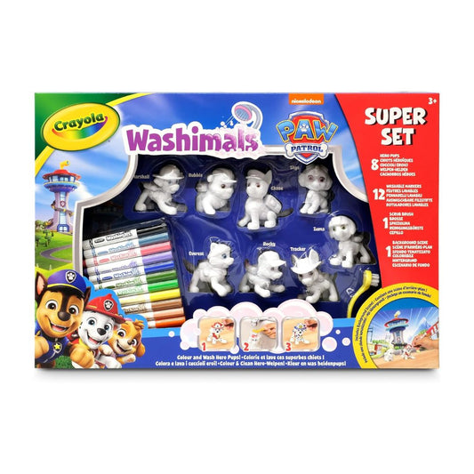 Crayola Paw Patrol Washimals Super Set coloring kit in retail packaging, featuring 8 uncolored animal figures, 12 coloring markers, and activity panels on a white background.