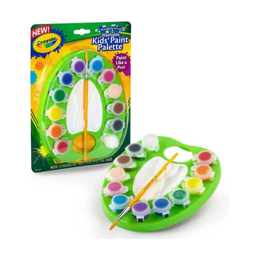 Crayola Kids' Paint Palette set shown both in its retail packaging and unpackaged. The green heart-shaped palette contains multiple small paint wells, a white paint palette, a yellow paintbrush, and a yellow paint palette roller, displayed on a clean white background.