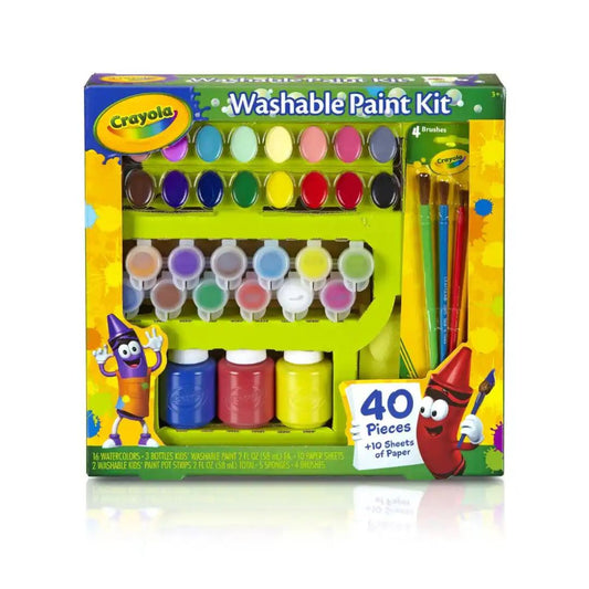Crayola Washable Paint Kit in a retail box, containing 40 pieces including 12 paint bottles, 10 sheets of paper, and paintbrushes, shown on a white background with a reflection.