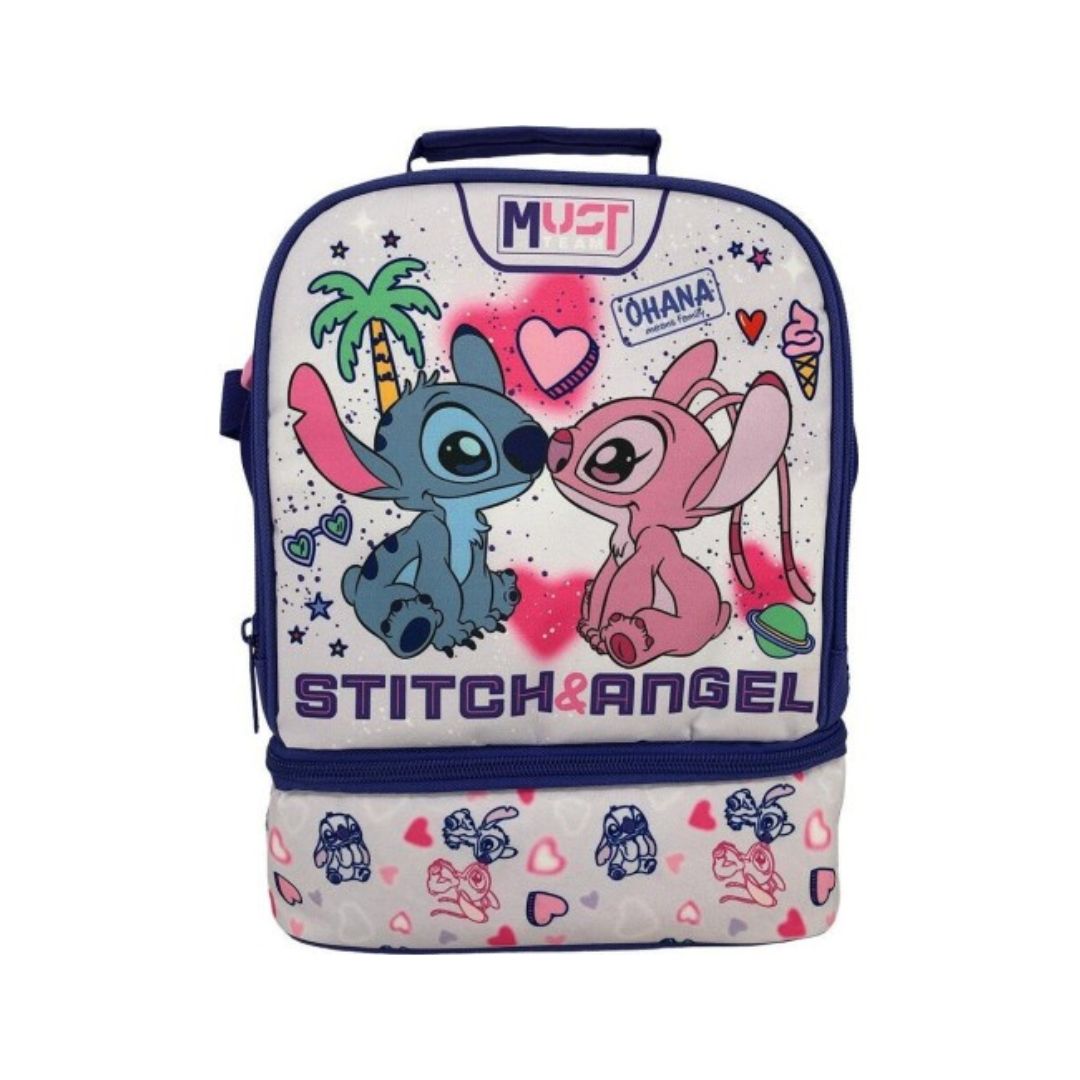 A white and navy blue backpack featuring Stitch and Angel cartoon characters, with 'MUST' and 'OHANA' labels, and a lower pocket with small character prints.