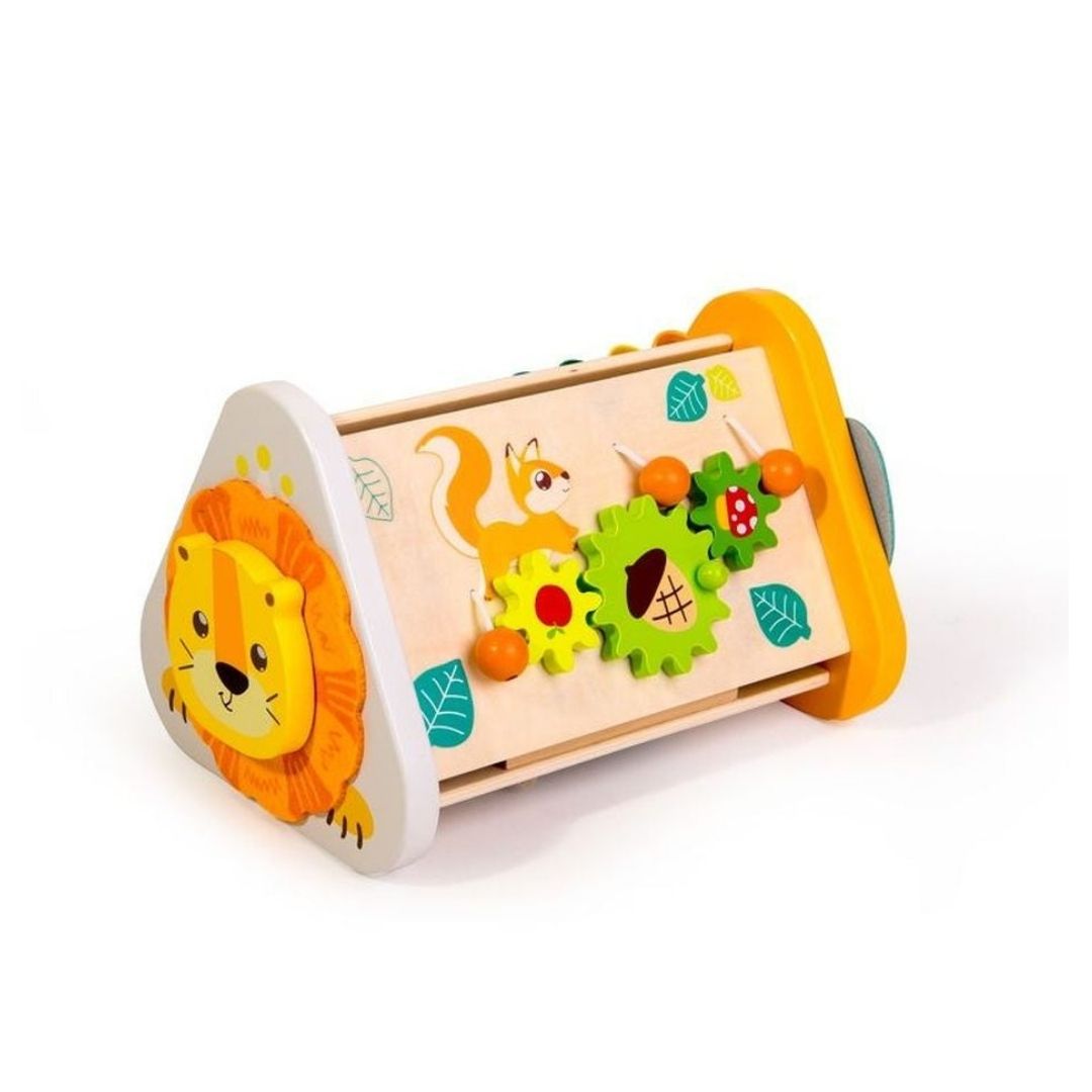 A wooden sensory toy activity box with colorful animal and nature-themed pegs and gears, featuring a lion face on the front and an orange handle, shown on a white background.