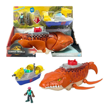 Shop the 18" Fisher-Price Imaginext Jurassic World Rebirth Aquachomp Mosasaurus! Features chomping jaws, sounds, 3" figure, and projectile launcher boat.