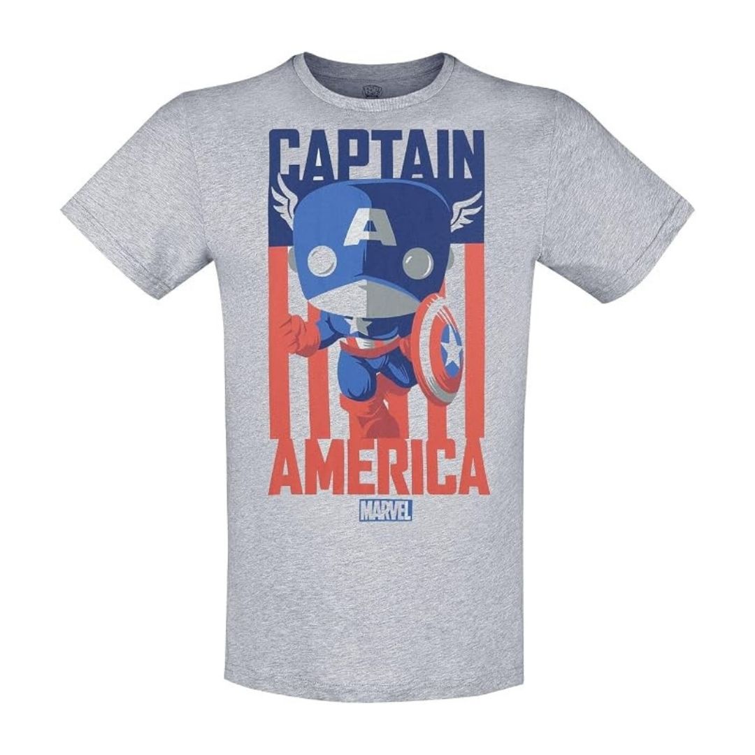 A heather gray short-sleeve t-shirt featuring a Captain America graphic on the front with the text 'CAPTAIN AMERICA' and a small Marvel logo underneath.