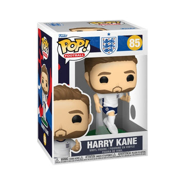 Funko Pop! Football Harry Kane vinyl figure number 85 in its original packaging, featuring the player in a white and blue England kit.