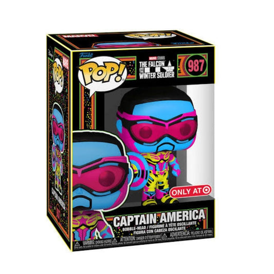 Funko Pop! vinyl figure of Captain America from Marvel's The Falcon and the Winter Soldier, number 987, in its original Target Exclusive window box packaging.