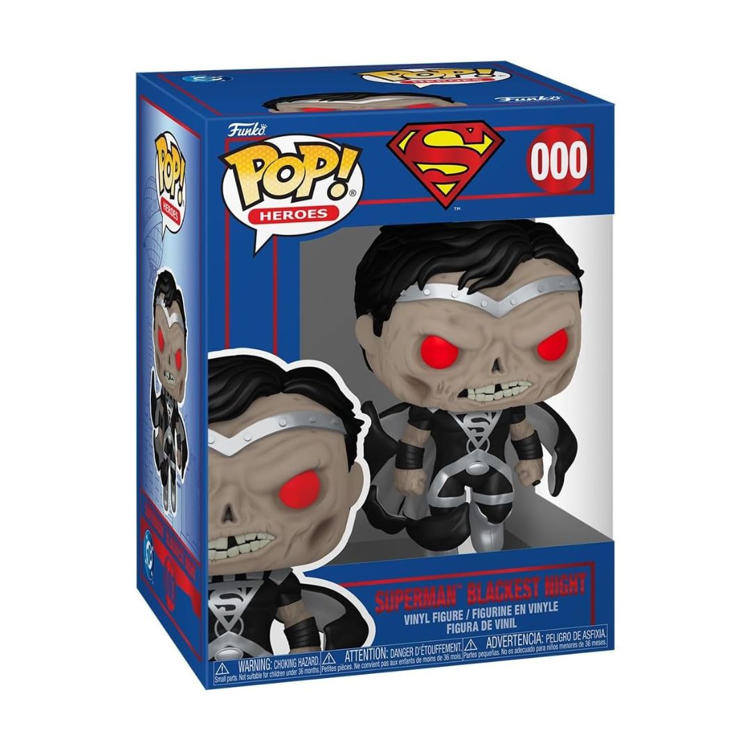 Funko Pop! Heroes vinyl figure of Superman's Blackest Night, number 000, in its original blue and red packaging. The figure has a gray skull-like face with glowing red eyes, black hair, and a black and silver costume.