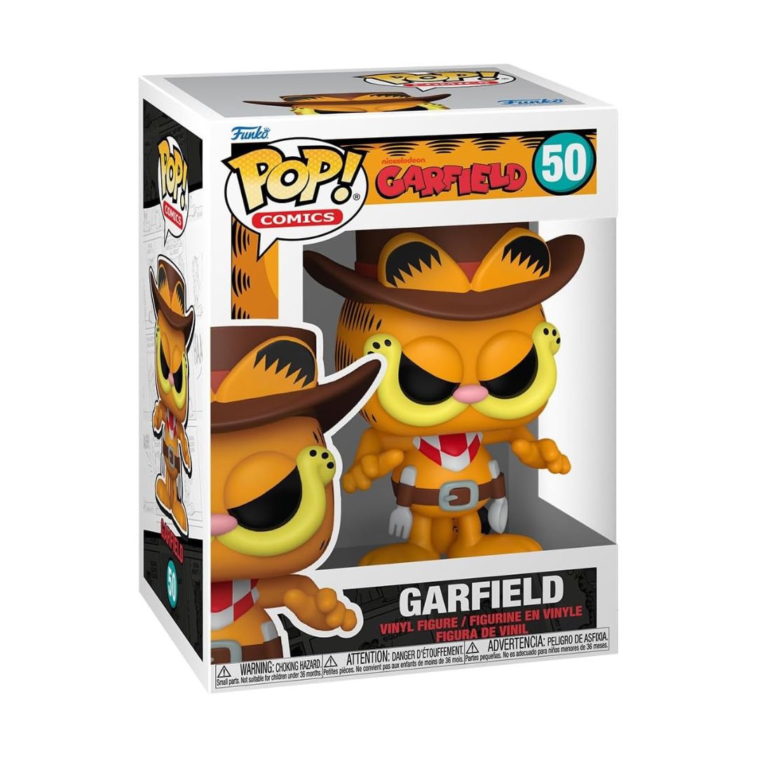 Funko Pop! Comics Garfield vinyl figure number 50, shown in its original window box packaging. The figure depicts Garfield dressed as a cowboy, with a brown hat, red neckerchief, and yellow fur.
