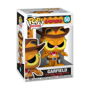 Funko Pop! Comics Garfield vinyl figure number 50, shown in its original window box packaging. The figure depicts Garfield dressed as a cowboy, with a brown hat, red neckerchief, and yellow fur.