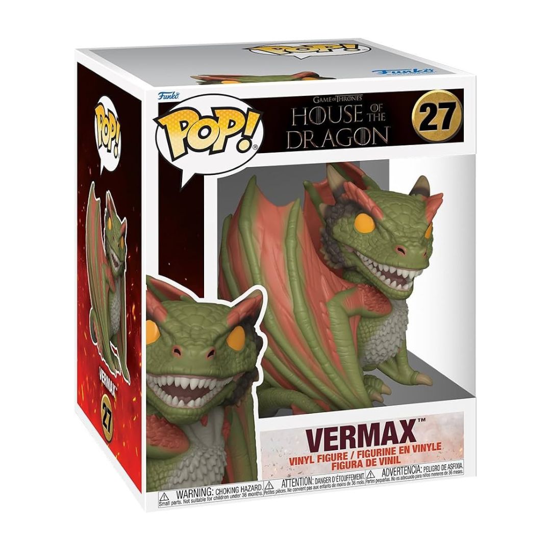 Funko Pop! vinyl figure of Vermax from Game of the Dragon, number 27, in its original retail box. The collectible figure is a green dragon with red wings and yellow eyes, shown through the clear window of the white, black, and red packaging.