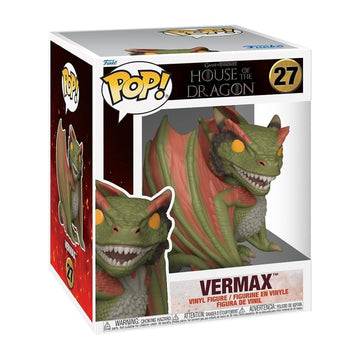 Funko Pop! vinyl figure of Vermax from Game of the Dragon, number 27, in its original retail box. The collectible figure is a green dragon with red wings and yellow eyes, shown through the clear window of the white, black, and red packaging.