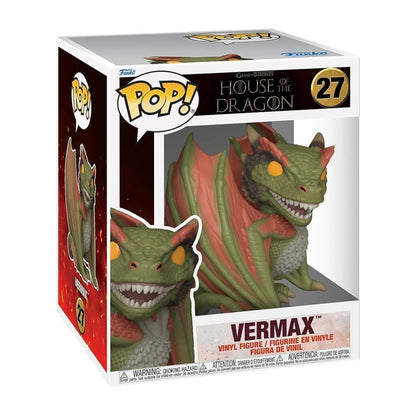 Funko Pop! vinyl figure of Vermax from Game of the Dragon, number 27, in its original retail box. The collectible figure is a green dragon with red wings and yellow eyes, shown through the clear window of the white, black, and red packaging.