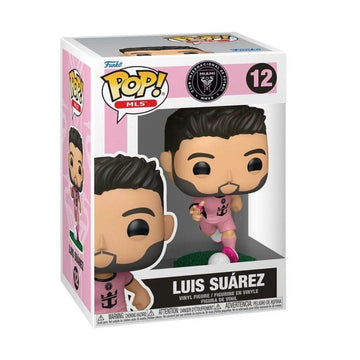 Funko Pop! vinyl figure of Luis Suárez, Miami CF MLS soccer player, number 12, in its original packaging. The figure is depicted wearing a pink jersey with a white and black Miami CF logo.