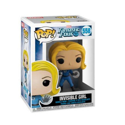 Funko Pop! Marvel Invisible Girl vinyl figure number 558 in its original window box packaging, featuring the character in her blue suit with blonde hair.