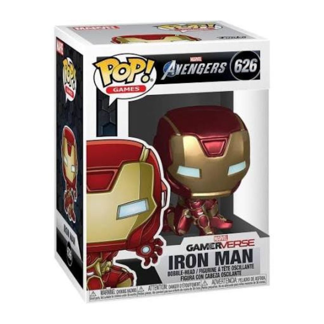 Funko Pop! Games Iron Man vinyl figure number 626 from the Marvel Avengers series, shown in its original window box packaging.