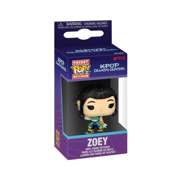 Funko Pocket Pop! Keychains K-pop Demon Hunters Zoey vinyl figure keychain in its original retail packaging, featuring a purple box with a clear window showing the character.