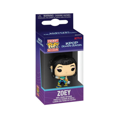 Funko Pocket Pop! Keychains K-pop Demon Hunters Zoey vinyl figure keychain in its original retail packaging, featuring a purple box with a clear window showing the character.