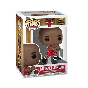 Funko Pop! Basketball Michael Jordan Chicago Bulls #206 vinyl figure in its original window box packaging, featuring Michael Jordan in a red and white Chicago Bulls jersey.
