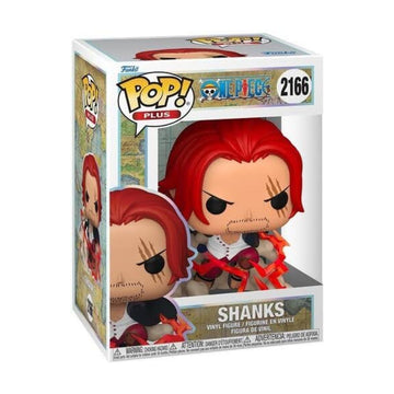 Funko Pop! Plus One Piece Shanks vinyl figure in its original window box packaging, featuring Shanks with his signature red hair and black eyes.