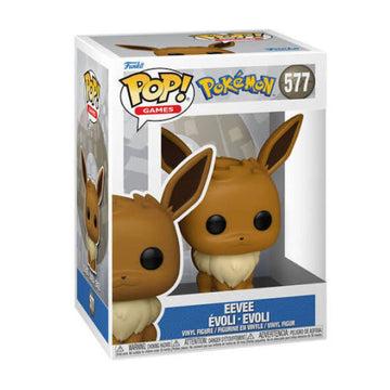 Funko Pop! Games vinyl figure of Eevee, number 577, in its original window box packaging. The figure is brown with a cream-colored chest and inner ears.