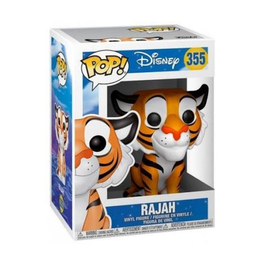 Funko Pop! Disney Rajah vinyl figure in its original box, number 355. The collectible figure is a tiger with orange, black, and white fur, shown through a clear plastic window on a white background.