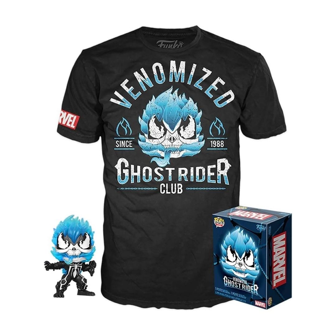 Marvel and Funko Ghost Rider Club t-shirt set, featuring a black crewneck tee with a blue skull graphic and text, a small vinyl figure, and a collectible box.